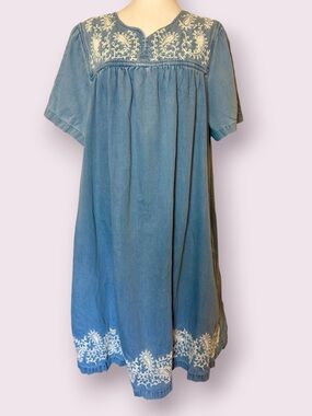 Go Softly Patio Paisley Embroidered Chambray Denim Midi Dress Blue Size XL